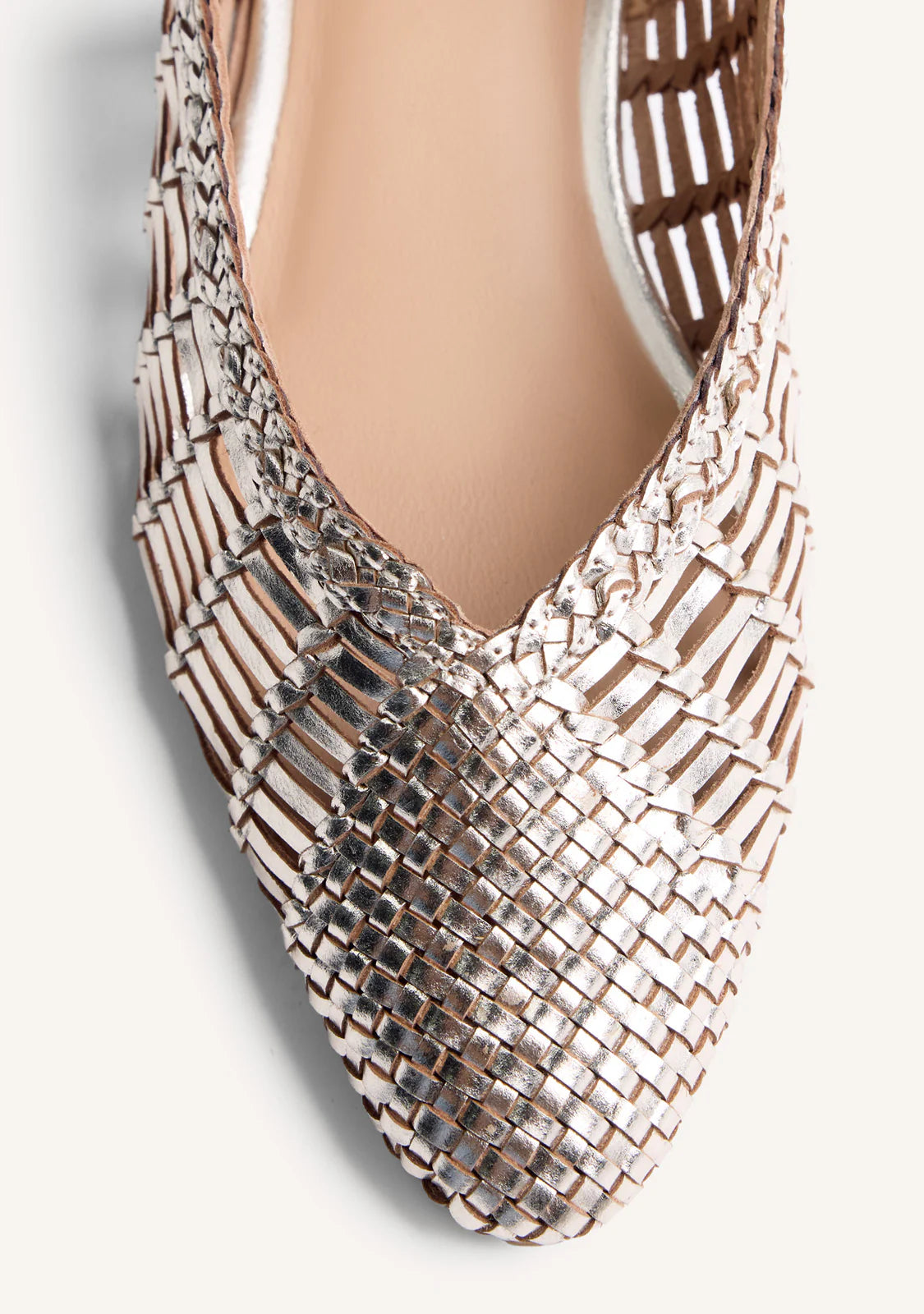 Ballerine Aperte Pelle Intrecciata Metallizzata Platino