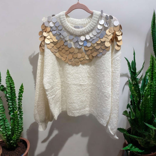 Maglia panna con maxi paillettes