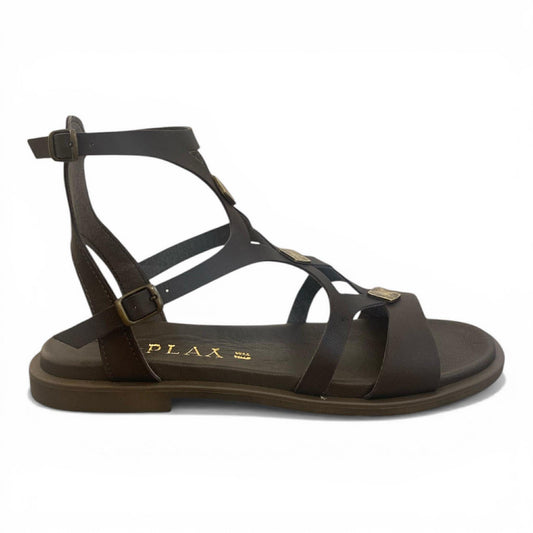 Sandalo gladiatore in pelle testa di moro con dettagli metallici