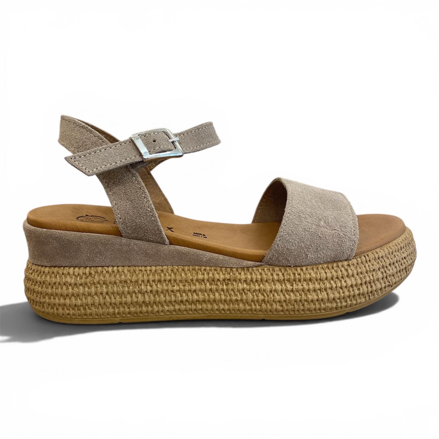 Sandalo con Zeppa in Rafia – Camoscio Tortora