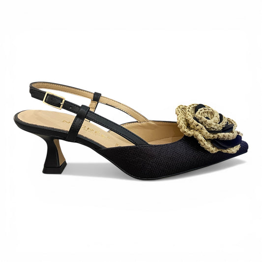 Slingback in rafia nera con maxi fiore