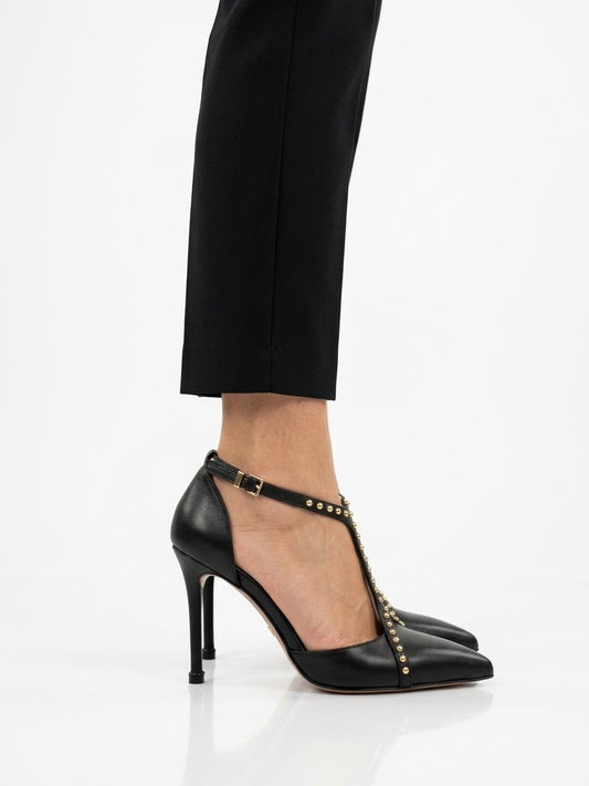 Décolleté T-Strap Albano in Pelle Nera con Borchie Dorate